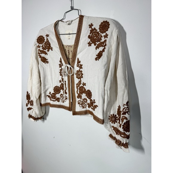 Umgee Linen Blend Lace Embroidered Jacket Cropped Puff Sleeve Size M Festival - Picture 6 of 12